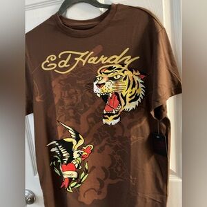 Ed Hardy Brown Tee with Tiger and Eagle Design